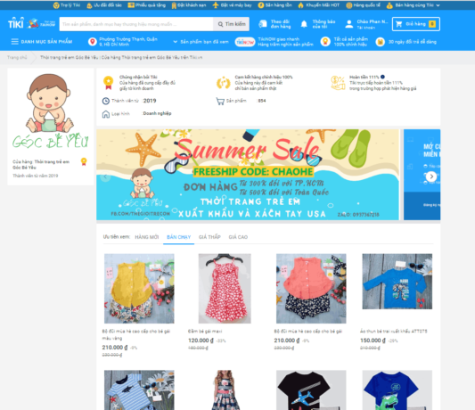 Một số quần áo trẻ em bán chạy trên sàn TK.